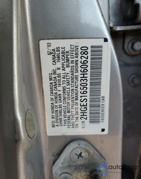 2003 Honda Civic Lx из США, поврежденный, VIN 2HGES16503H606280